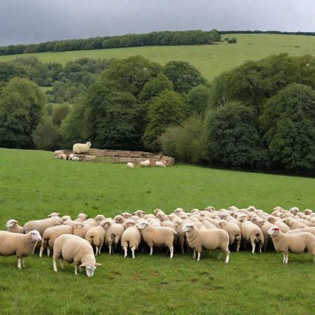 sheep on the sheep in a large field with the sheepfold in the background
