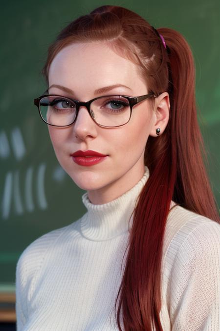 photo of a woman, laurap,((ponytail)) ((sweater, glasses, dark red hair)), ((closeup, portrait)),((classroom, chalkboard):1.2),smiling, ((red lipstick, eyeliner, eye shadow, blush)), ((best quality, masterpiece, extreme details, high resolution):1.2),((detailed eyes, beautiful eyes, detailed face, beautiful face):1.2)