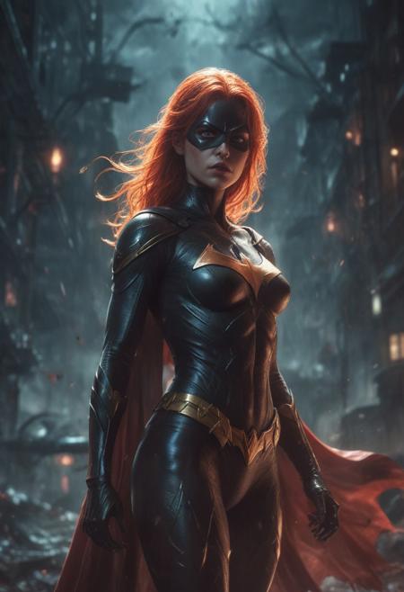 High resolution ultra-realistic of beautiful realistic Batgirl fighting against alien invasion, cinematic style, standing on a bloody and stormy battlefield in a fighting pose, bloody massacre, realistic modern combat costume, black mask, red cape, perfect athletic figure, wavy red hair, handsome dirty bloody face, beautiful perfect detailed pupils, wet oily shiny skin, covered in dirt and blood, beautiful firm Breasts, defiant and seductive, sexy 20 year old girl, 8k resolution concept art portrait by Greg Rutkowski, Dark Gotham City, Artgerm, WLOP, Alphonse Mucha, dynamic lighting, hyperdetailed, intricately detailed, Splash art trending on Artstation triadic colors, Unreal Engine, 5 volumetric lighting, Cinematic Lighting, intricate, smooth, sharp focus digital painting, Asymmetrical Balance, painting, dynamic lighting