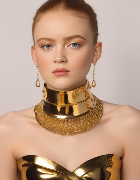 SadieSink,<lora:SadieSinkSDXL:1>,  a woman wearing a gold choker, gold collar, wearing gold detailed choker, gold choker, gold detailed collar, golden collar, choker on neck, gold glow, wearing steel collar, wearing choker, wearing collar on neck, collar on neck, attractive neck, choker, smooth gold skin, draped in shiny golden oil, choker around neck, smooth golden skin