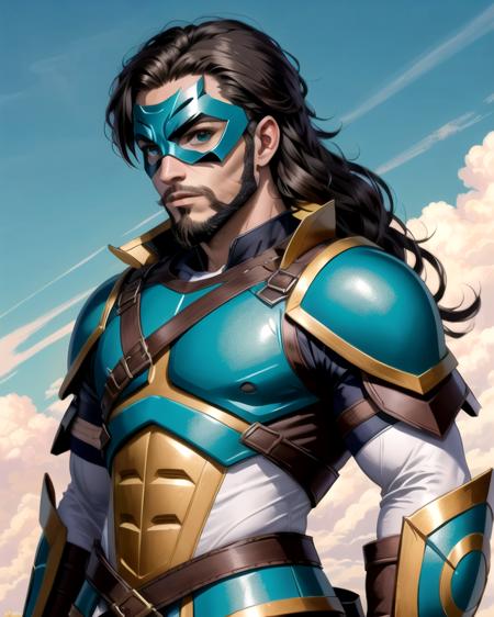 man, (teal DominoMask:1.2), teal and white costume armor, brown long hair, beard, detailed eyes, white backdrop,  <lora:SN DominoMask:1>