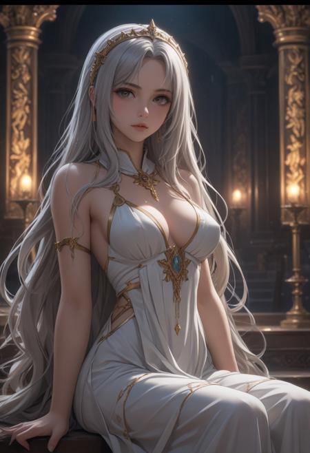 score_9, score_8_up, score_7_up, score_6_up, dynamic, (anime, masterpiece), best quality, (8k), detailed background, sharp focus, intricate, ambient lighting, super high quality, hyper detailed background, cinematic lighting, adult, double tone long hair, medium breasts, verybadimagenegative_v1.3, priestess, sitting