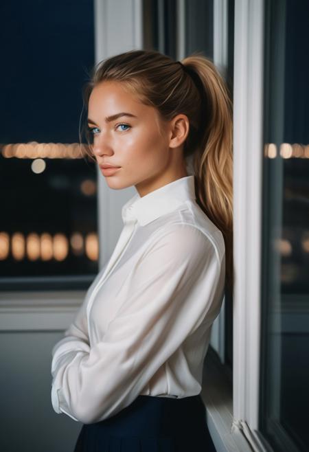 Photo of a young woman by a window at night.
blue eyes, oval face, high cheekbones, small nose, soft lips, long blonde hair, ponytail, strong athletic figure, fair skin, crisp white blouse, navy blue pencil skirt, mysterious, 
Casual instagram photo. Dim lighting. 35mm. DOF.
(detailed skin, pores, sweat, blush, , imperfections, tan)
Inspired by: Guy Aroch, Juergen Teller.