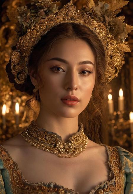 Portrait captures the essence of "Dreaming Awake" combining the inspirational essence of Rumi with Rococo elegance, 
photorealistic facial features meet surreal dreamliness, 
subject facing viewer, 
direct eye contact, 
nighttime setting reflects on the subject's skin, 
direct gaze, 
ethereal, 
theatrically inspired aesthetics, 
bathed in octane rendering, 
chiaroscuro technique highlights a play of light and shadow over the dain