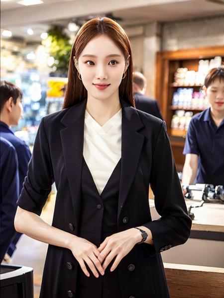 LSKyung, wearing a black suit, standing in a store smiling, (8k, RAW photo, best quality, masterpiece:1.2), (realistic, photo-realistic:1.37), professional lighting, photon mapping, radiosity, physically-based rendering, warm colors  <lora:LSKyung:1>