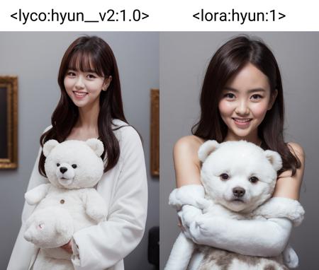 masterpiece, best quality,closed mouth, looking at viewer, full body, alluring, clean, beautiful face, pure face, pale skin, little smile, a woman wearing a white bear costume with long hair and a smile on her face, posing for a picture with a white background and gray background,  <lyco:hyun__v2:1.0>,