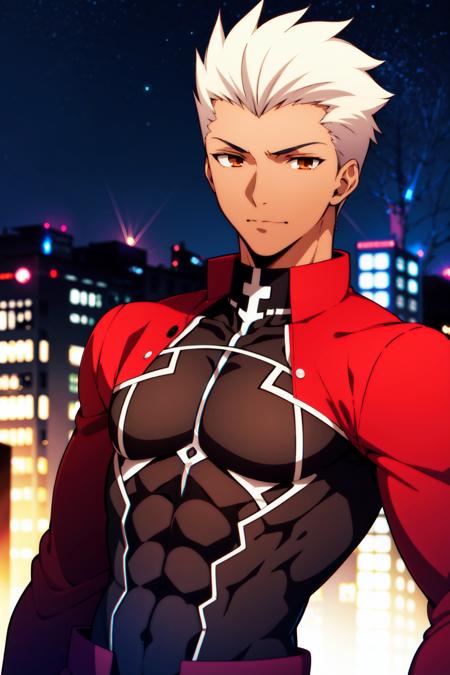 <lora:ironcatlora4FateStay_v10:1> (masterpiece:1.4), (best quality:1.4), 1boy, solo,
(archer \(fate\):1.2), white hair, short hair, spiked hair, dark-skinned male, dark skin, looking at viewer, upper body, brown eyes, red jacket, covered abs
looking at viewer, upper body, 
city, cityscape, sky, night