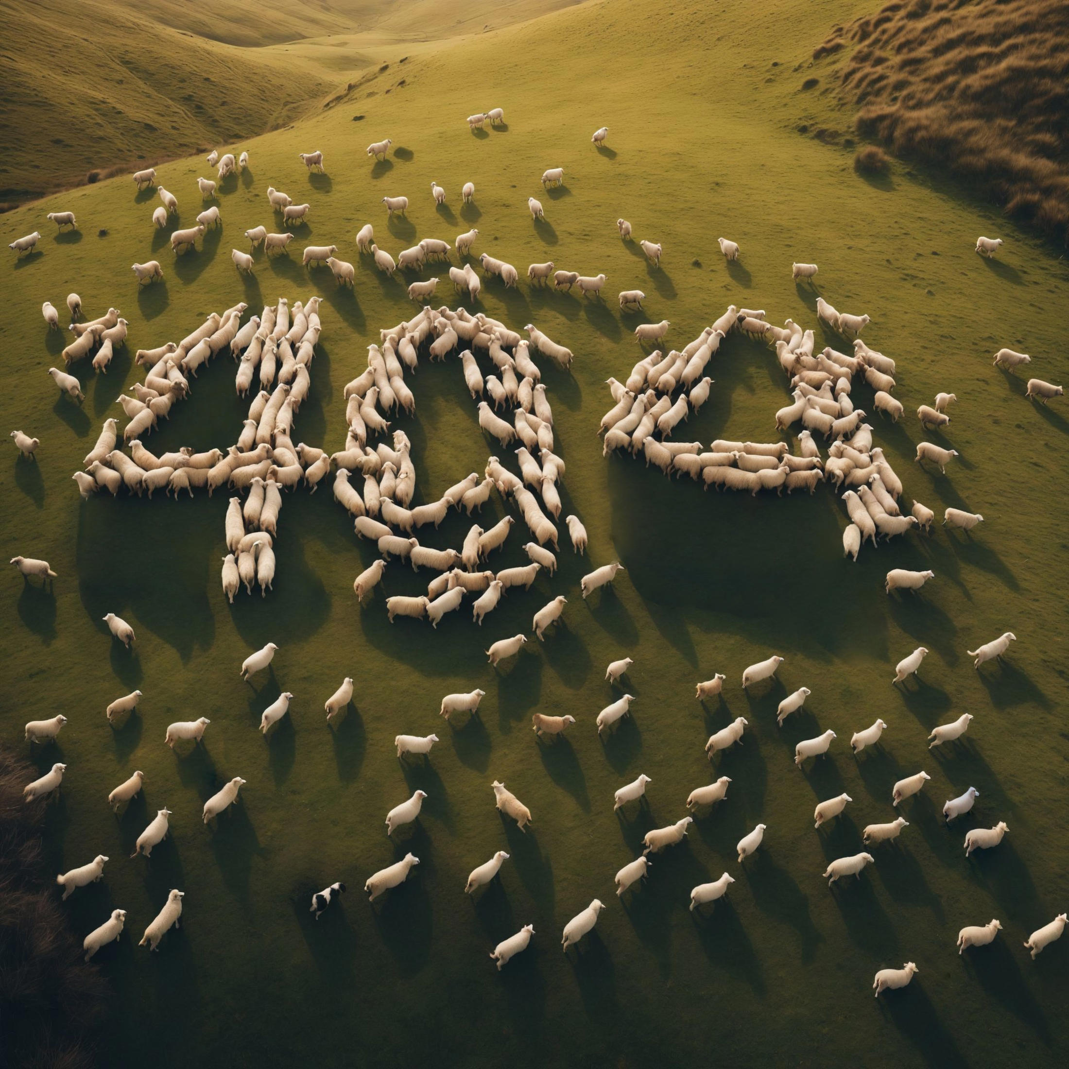 A large herd of sheep forming the number 40 on a grassy hillside.