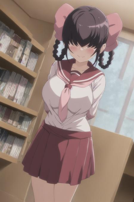 (ayakuwa tenri), (hair over eyes), (large breasts), wide hips, school, twin braids, blush, smile, standing, library, bookshelf, <lora:Tenri Hair Down V1:0.6>