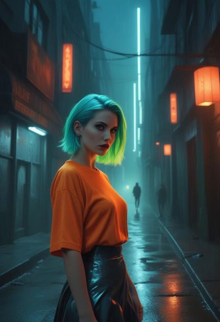 In a striking homage to Buffy the Vampire Slayer reimagined through a cyberpunk lens, a young woman with vibrant neon green hair cascading down her shoulders stands defiantly against a backdrop of shadowy alleyways illuminated by the eerie glow of futuristic street lamps. Her signal orange shirt, a beacon in the darkness, contrasts boldly with an ice blue skirt that seems to shimmer with an otherworldly luminescence. She turns alluringly over her shoulder, her gaze piercing directly into the camera with a mix of confidence and mystery, channeling the essence of a modern-day vampire slayer ready to face the night's challenges. The scene is bathed in a clash of warm and cool tones, creating a palpable tension between the organic and the synthetic. Hints of mist swirl around her feet, adding an air of mystique to the urban setting. In the distance, holographic advertisements flicker, casting prismatic reflections on rain-slicked streets. The composition, inspired by the dynamic framing of comic book panels, draws the eye to the subject while hinting at unseen dangers lurking just beyond the frame. This electrifying portrayal of strength and style is rendered in the distinctive, high-contrast style of Patrick Nagel, known for his iconic '80s aesthetics, bringing a retro-futuristic flair to this contemporary twist on a cult classic.