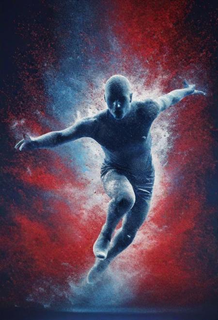 dust floating in the air transforming into a white hollow male silhouette resembling different olympic sports, use only colors blue & white & red, (amount of particles: 1.35), iconic, unicolor background, abstract, aesthetics, highest quality, ((highest resolution))
