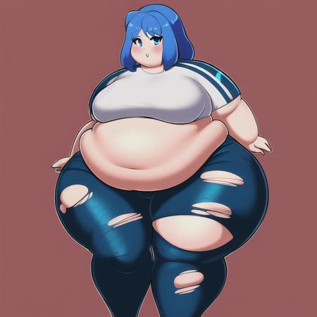 masterpiece, highest quality, 1girl, lineart, fat, hips, hyper, hyper_hips, wide hips, female only, (shortstack), blue hair, blue eyes, tight clothes, ((torn clothes)),