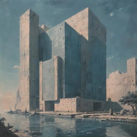 cinematic concept-art, ultra-detailed, designed by Luis Barragan, scifi, 'Zima Blue', the shimmer, neo-visigoths, starculture, fictional planet, Gilgamesh returneth, Prestuplenie i nakazanie, breathtaking scope and scale, centuries into the future, channelling the spirit of gustav eiffel, aerial view,