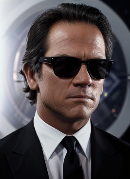 photograph of  tlj1,  1man, scowling,  wearing black suit and tie, in front of the galaxy, sunglasses,  Fujiflim XT3, DSLR, 50mm, photograph by Patrick Demarchelier
 <lora:TommyLeeJones:1>