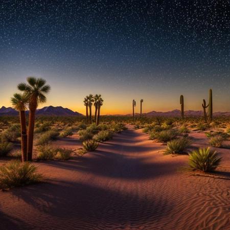 Desert, oasis, palm trees, night time, stars,