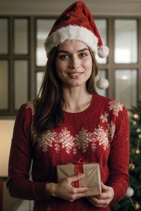 pov, a woman wearing a red ugly sweater, Santa hat, holding a huge Christmas gift, cozy room, aesthetic, sweet smile, look front, sharp focus, eye contact, (high detailed skin:1.1)
<lora:0more_details:0.5> <lora:ana_de_armas_joi_lora_v01:0.8> adajoi