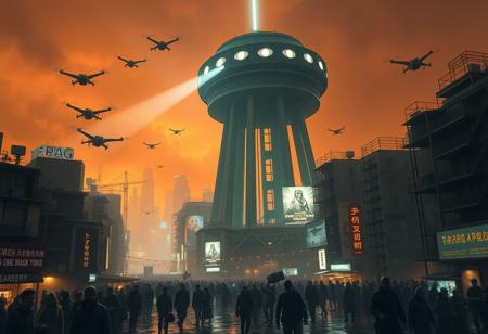 A towering, futuristic panopticon structure at the center of a sprawling dystopian city under a dim, smoky orange sky. The panopticon is made of dark, gleaming steel, with hundreds of glowing surveillance eyes scanning the chaotic streets below. The city is a maze of crowded, decaying high-rises, holographic advertisements flickering with propaganda, and winding alleys teeming with shadowy figures. Neon lights cast an eerie glow over the wet, reflective streets. People wear grimy, tattered clothing and augmented reality visors, their faces displaying hopeless expressions. Overhead, drones patrol with blinding spotlights. A sense of oppression and technological dominance permeates the scene, with a single beam of cold, sterile light shining from the top of the panopticon into the clouds. The atmosphere is gritty, intense, and foreboding.