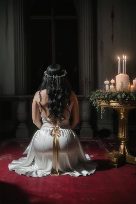 RAW photo, 8k uhd, dslr, high quality, ultra-realistic, realistic, realism, film grain, Fujifilm XT3.
View from behind, dark mansion, 1woman wearing a satin white dress, blood-stained, voluptuous body, kneeling, gothic-sacrificing alter, room lit by candles golden chalice, blood spilling out