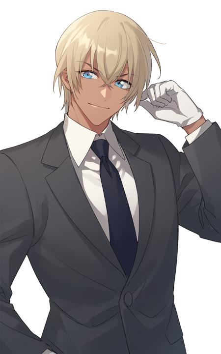 anst, solo, 1boy, male focus, blonde hair, blue eyes,  necktie, formal, gloves, suit, black footwear, shirt, pants, short hair, white shirt, jacket, white gloves