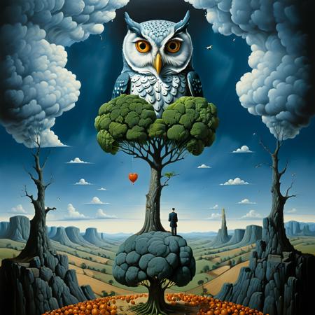 Surrealist art  <lora:FF-Style-Rafal-Olbinski.LORA:1> in the style of rafal oblinski, a collage of paintings with a man, an owl and a broccoli, the absurdity of love in a loveless world full of clowds and waterwalls. hyperdetailed, oblinski painting, expanded surrealism, neosurrealism, pop surrealism, surrealist art, perfect composition, abstract, innovative, dreamlike, mysterious, provocative, symbolic, intricate, detailed, revolutionary masterpiece  <lora:xl_more_art-full_v1:0.8>