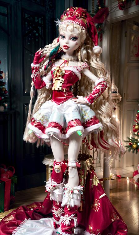 <lora:MonsterHighV1:0.8>   <lora:AlinaV1:0.4>  a Santa Claus girl with big detailed eyes and big lips and long white dreadlocks , wearing red white fur Christmas dress  , pale skin , Christmas tree hall background , beautiful detailed face , slim body , full body ,  green neon lights ,   rococo, iridescent  ,  (masterpiece, top quality, best quality,  beautiful and aesthetic:1.2)