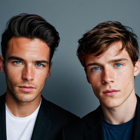 A close-up portrait photograph of two young men positioned side by side against a solid medium gray background with no additional elements. The man on the left has dark black hair styled to one side, falling over his forehead in soft waves, and fair skin with visible moles or freckles. He is wearing a black jacket with a visible collar and buttoned placket. His expression is neutral with slightly parted lips as he looks directly at the camera. The man on the right has short brown hair that appears slightly damp or tousled, transitioning to lighter shades on top. He has striking piercing blue eyes and light peach skin. His expression is also neutral with a slight frown as he gazes intently at the camera. He's dressed in a black blazer over a black shirt. Both subjects have their faces turned slightly towards each other, creating a sense of connection between them. The lighting is soft and even, highlighting their facial features without casting harsh shadows, creating a balanced exposure with natural colors. The composition focuses primarily on their faces, capturing intricate details such as pores and subtle textures like fine lines above their foreheads. The overall mood of the photograph is serious and contemplative, emphasized by the direct eye contact and minimal background distractions.