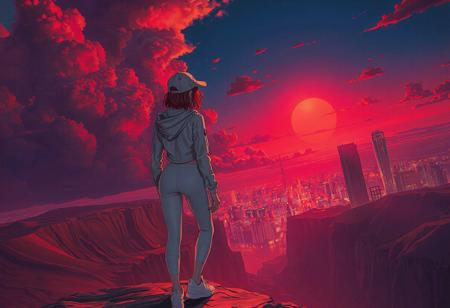 highly detailed cgi manga artist Style, colorfull, in a desert, warm red early morning, hot, detailed soft glowing clouds. dim red sun, city lights and high buildings in the far background, dark shadows, strong shadows, 
dramatic lighting, dark theme, dark, rimlight, highly detailed,  low angle backshot, woman, standing on a cliff, back to the camera, short red glowing hair, thight white jacket, white cap, tight white leggings, white sneakers, slim body, tight ass, tight legs,