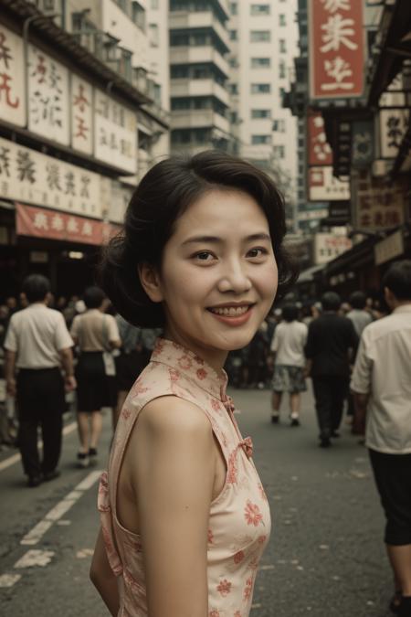 (small girl) walking, old Hong Kong,
beautiful asian baby face, grin smile,
60s beehive hair, small body, narrow shoulder, medium breasts,
cheongsam,
background of old Hong Kong crowd in 1960s street,
old photo,
dust,
<lora:lcm_lora_sdv1_5 :0.5><lora:FilmVelvia3:0.5> <lora:oldPhotoV1:0.6>