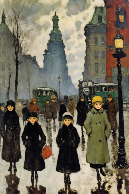 <lora:Paul Gustav Fischer Style:1>Paul Gustav Fischer Style - On a busy street on a cloudy day, she stands out among the people, Albert Nikolayevitch Benois style