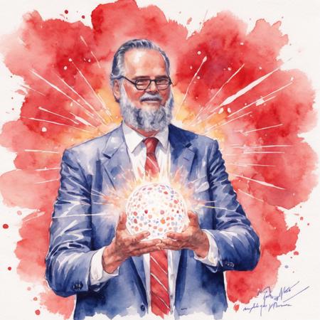 artistic version of jay miner launching an energy ball  made of light with his hands. Hand-drawn, colorful, red and white tones, watercolor
 <lora:Jay_Miner_V2_Lora:1>