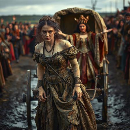 beautiful defeated and captured queen pulled behind a cart by leash around her neck, wearing muddy royal gown, disheveled hair, hands tied behind her back. behind her in a carraige, the victorious queen in magnificent robes, standing,  arms out, accepting praise