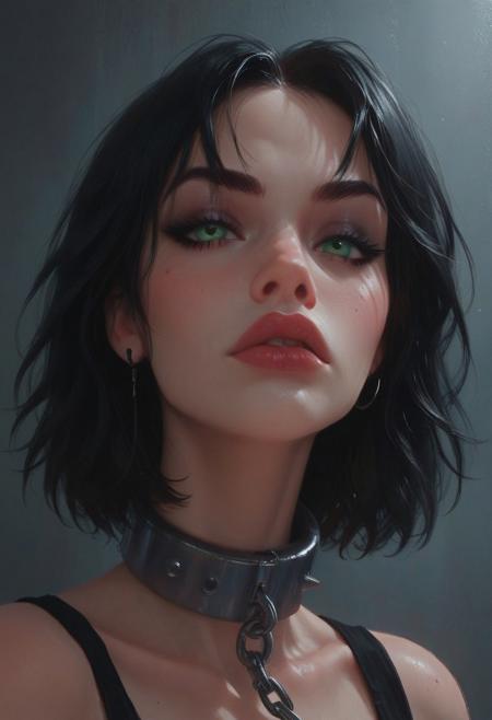 score_9, score_8_up, score_7_up, 1dk, low light, cinematic lighting, (smooth Thick steel collar, chain leash), goth, black hair, green eyes