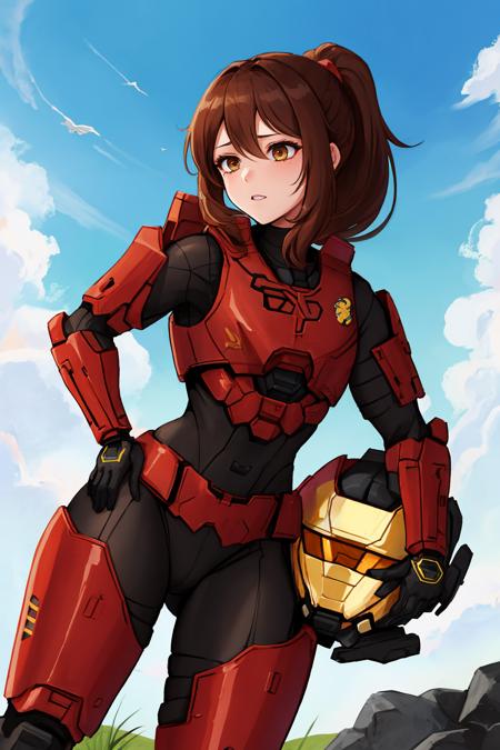 <lora:HaloSpartansV1-000050:1>,  FemaleSpartan, 1girl, brown_hair, helmet, brown_eyes, helmet, helmet_removed, holding_helmet, sky, ponytail