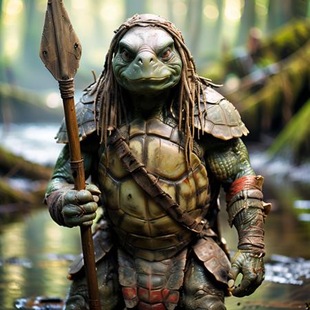 highly detailed portrait photo of a (tortle):1.0,

tortle, solo, looking at viewer, holding, standing, full body, weapon, holding weapon, armor, blurry, depth of field, blurry background, colored skin, polearm, shoulder armor, pauldrons, spear, green skin, holding polearm, chainmail,

a primitive camp in a swampy jungle,

depth of field:1.2, blurry, blurry background,
realistic:1.3,

photorealistic,
fantasy, cinematic,
32k, best quality, 
god rays:1.2,
dappled sunlight:1.1,
shadow play:1.1,




