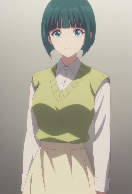 anime screencap ono shiragiku, green hair, bob cut, medium breast waitress, maid headdress, waist apron, striped dress, bikini top only, shorts, hair flower, sweater vest, collared shirt, yellow skirt shirt, apron, floral pront, skirt blue shirt, white skirt