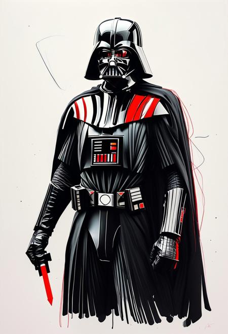 minimal quick drawing lines with red metallic marker, kostas argyris abstract powerful marker few simple lines depicts an impressive darth vader. full body posing