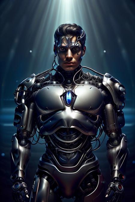 cinematic film still silverpulse, cyborg Superman, Kal-el, 'S' Logo on chest, red cape, simple background, high quality, artistic, vibrant colors, detailed textures. futuristic sleek/glossy silver and blue glow, vibrant colors, detailed textures., Concept art, cyborg, background, vintage, modern, SilverPulse, <lora:SilverPulseMorphXL:0.8>, excellent composition, artistic, highly detail, holy, sunny, dynamic dramatic beautiful full taking . shallow depth of field, vignette, highly detailed, high budget, bokeh, cinemascope, moody, epic, gorgeous, film grain, grainy, front view,