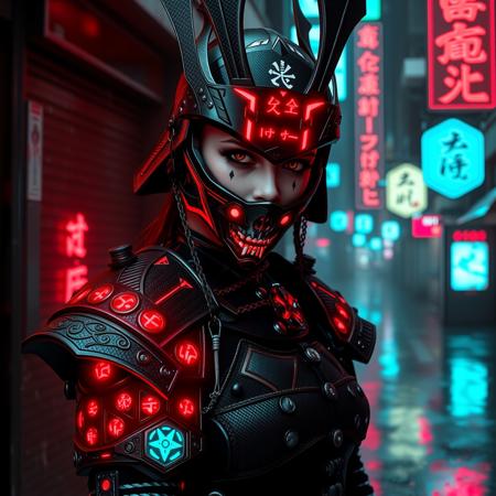  A photorealistic full-body vertical portrait of a fierce goth vampire samurai girl with pale skin and sharp, aggressive features, set in a dystopian Neo-Tokyo inspired by Blade Runner. She has intense goth makeup with heavy black eyeliner and dark eyeshadow, and a cold, defiant gaze. Her mengu mask is gothic and futuristic, with skull motifs, spiked edges, and glowing engravings in neon red and electric blue. Her samurai armor blends tribal and cyberpunk influences: black carbon fiber plates, crimson LED accents, turquoise circuitry, and angular, tech-enhanced design elements. She stands confidently in a rain-slick neon-lit alley, surrounded by holograms, mist, and glowing kanji signage. The atmosphere is dark, cinematic, grainy like 16mm film, and full of cyberpunk tension. No text or letters appear in the image.   The atmosphere is moody and cinematic, with soft bokeh, dramatic lighting, and a grainy 16mm film look. Highly detailed, rich in emo and goth influence, with no text or letters in the image.

Simulating Kodak Ektacolor Pro 160, with a custom white balance at 5500K. cinematic lighting, analog film, film grain, kodak chrome, cool cinematic tones,high contrast, sharp details, with moody lighting that adds depth,. (cinematic atmosphere:1.3), deep photo, depth of field, (black hair)), , (ambient occlusion), (cinematic lighting:1.3), (4K image quality:1.3), (sharp detail:1.3), (highly realistic:1.3), (dim warm cinematic lighting:1.3)
