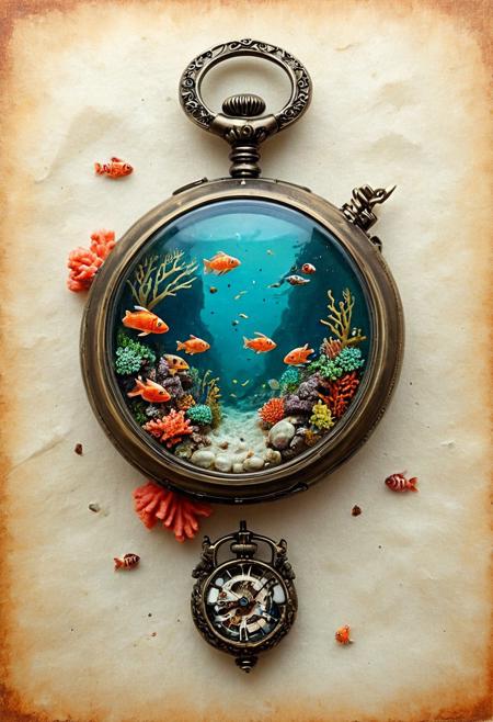tilt-shift photo, best quality double exposure surreal painting on cracked antique parchment, macro microworld inside vintage pocket watch, miniature glowing ocean aquarium scene with tiny exotic fish, floating coral islands, insanely detailed mechanical and organic textures, selective focus, blurred surreal background, intricate craftsmanship, hyperdetailed, cinematic, centered, vibrant lighting, perfect composition, perspective control,
<lora:Midjourney_-_SemiReal_Dreams_FLUX_LoRA:1>, <lora:hyper-detail-illustration:1>