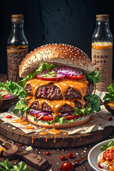 masterpiece, best quality,burger photo, food, food focus, no humans, tomato, blurry, still life, realistic, burger, cup, lettuce, fruit, onion, bowl, depth of field, vegetable, blurry background, cheese, bottle