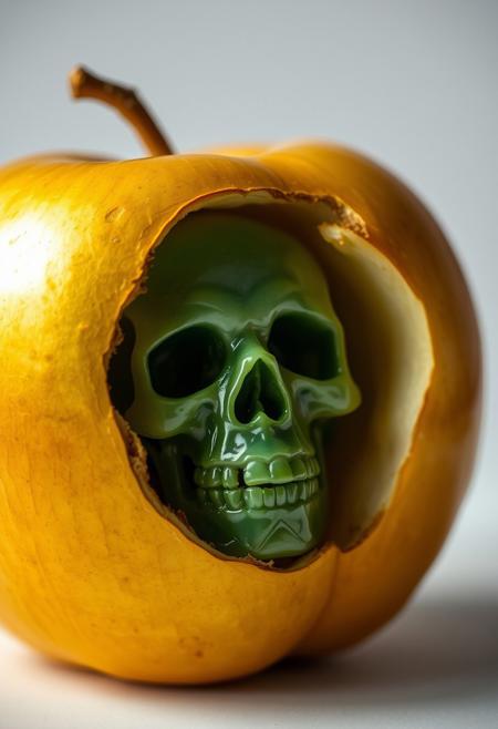 a close up of a golden apple with the side rotten away showing a jade skull inside smiling facing the viewer