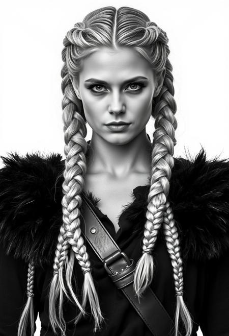 Upload
A striking black and white portrait of a woman with intricate, Viking-inspired braids cascading down her shoulders. Her hair, a silvery blonde, is meticulously woven into two thick braids that fall symmetrically on either side of her chest. The braids are tight and well-defined, showcasing the skill and precision involved in their creation. She wears a dark, fur-trimmed garment, possibly a cloak or tunic, which adds a rugged, medieval touch to her appearance. The fur trim is dark and contrasts sharply with the lighter tones of her hair and skin. A leather strap crosses her chest diagonally, suggesting she might be carrying a weapon or other gear, further emphasizing the warrior-like aesthetic. The background is a plain white, which draws all attention to the subject and her detailed attire and hairstyle. The lighting is soft and even, highlighting the textures of her hair and clothing without creating harsh shadows. Her expression is stoic and composed, adding to the overall impression of strength and resilience.