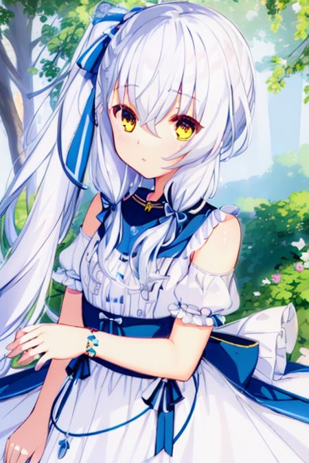 ((masterpiece)),(( best quality)),1girl,solo,long hair,side ponytail,yellow eyes,dress,jewelry,necklace,white hair,looking at viewer,ribbon,hair ribbon,white dress,blue ribbon,hair between eyes,bow,upper body,bare shoulders,hair bow,frills,short sleeves,bangs,<lora:zhuqueLORA-000007:0.7>,