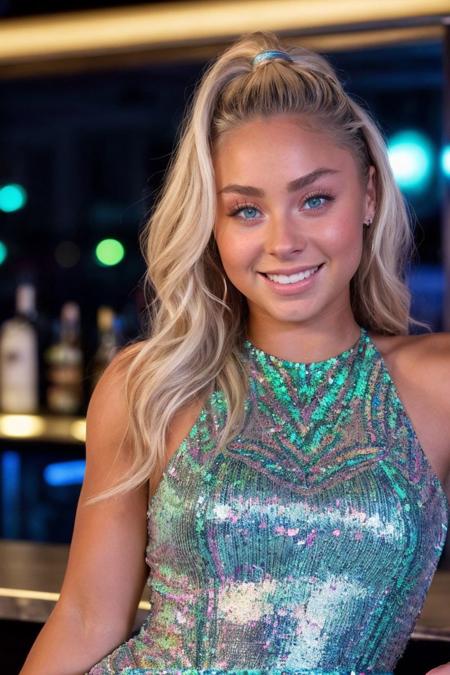 headshot of S766_ChloeCluchey,an attractive woman,in a (bar),wearing an (iridescent sequin dress),(smiling),(RAW photo, best quality, 50mm, depth of field, ultra high res, intricate, photorealistic, cinematic-shot, masterpiece, ultra-detailed),