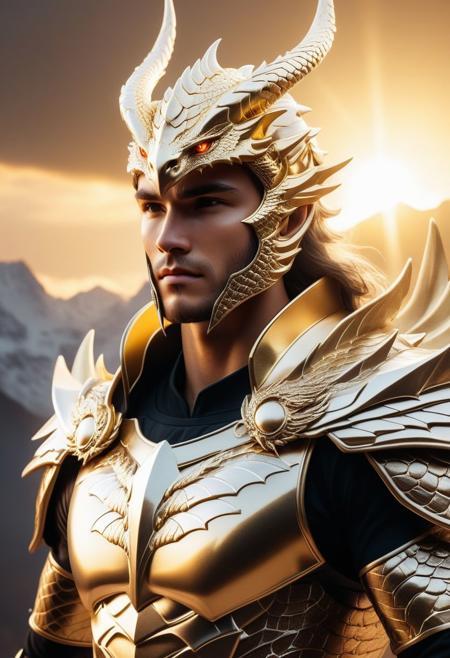 breathtaking human angel hybrid, human head, gold dragon armor (scale skin), dragon eyes, perfect jawline, halo, nimbus, wings, male focus, full body frame, fit-muscular, aesthetic physique, abs, wide torso, thin waist, (lean:1.5) (slender:1.4) (slim:0.1), proportional muscle definition, abs, ultra highest detailed face. heavenly atmosphere background, sun lighting, style of Anato Finnstark, by Alena Aenami. Award-winning, professional, highly detailed.