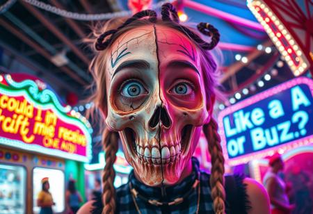 “A whimsical and surreal portrait of a girl with a distorted, comical face, featuring one eye larger than the other, vibrant face paint, and two playful braids in her hair. Half of her face is a real, bones skull, with detailed, decayed bone structure, exposing cracked and aged bones, and the skull appears lifelike yet worn with time. The other half is covered in exaggerated, colorful face paint. The skull gives off a gritty, almost macabre vibe, blending with the lively and hype atmosphere of the carnival. Captured using a 12mm fisheye cinematic prime lens for an exaggerated perspective. The setting is a lively carnival with neon lights, whimsical decorations, and a dreamy yet unsettling atmosphere. A rotten, old light banner in the background displays the text: ‘Could I receive a Like or Buzz?’ in flickering, uneven letters. The colors and contrasts are enhanced for a surreal effect, combining playful and eerie styles, with a mix of humor and dark visual artistry.”