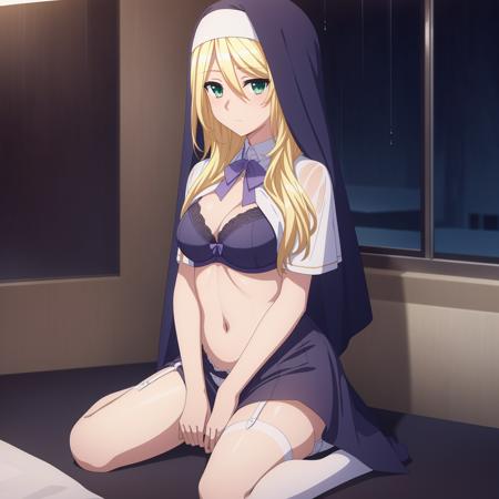 ((masterpiece)),((highres)),((best quality)),((highly detailed)),((extremely detailed CG unity 8k wallpaper)),illustration,Sharon,facing viewer,bedroom,window,white garter straps,rain,night,embarrassed,blush,wet,solo,wariza,cupless bra,lace-trimmed bra,