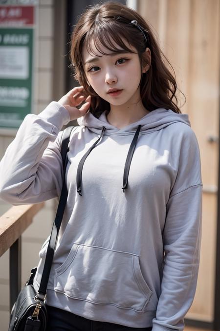 (masterpiece, best quality), <lora:add_detail:0.5>, (kpop idol, beautiful girl), 
<lora:erika-000011_v1:0.75>,  erika, large breast, hoodie,