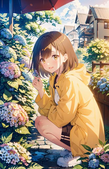 masterpiece, best quality, from side, 1girl, solo, squatting, short hair, brown hair, wet hair, brown eyes, smiling, yellow raincoat, hooded raincoat, water drop, hood, hood up, holding, blurry background, blurry foreground, depth of field, bush, plant, flower, flower field, hydrangea, purple flower, pink flower, cloudy sky, rain, rainy sky, grey sky, outdoors, overcast