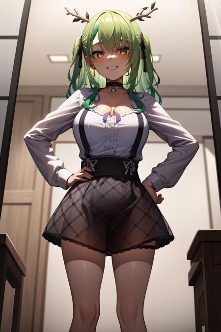 masterpiece, best quality, absurdres, perfect anatomy, 1girl, solo, Ceres Fauna, antlers, FaunaCasual, long hair, two side up, white shirt, black skirt, cleavage cutout, black choker, ribbon, jirai kei, large breasts, standing, smile, indoors, hands on hips